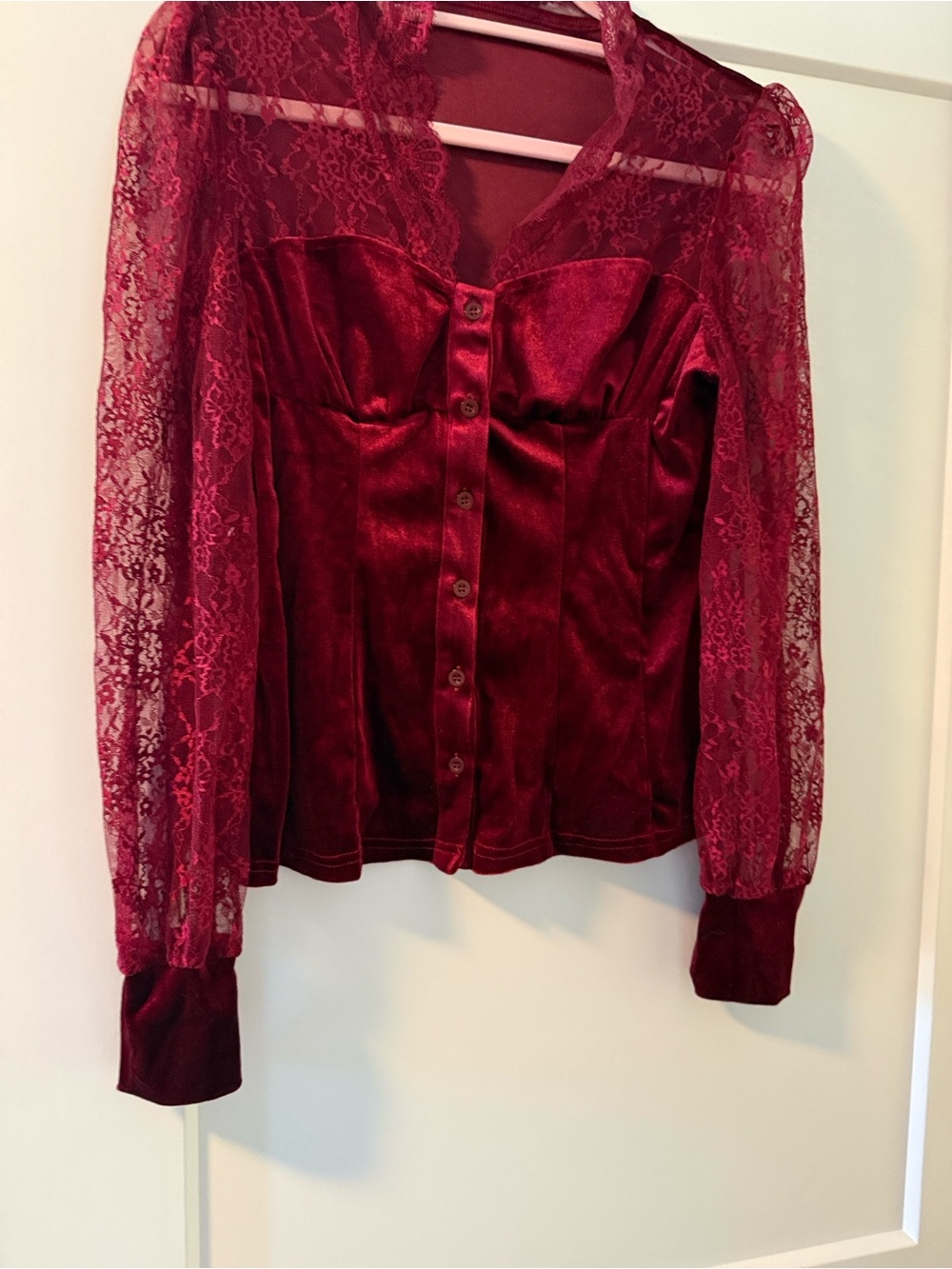Women’s Lace-Detail Velvet Button Front Top in Burgundy